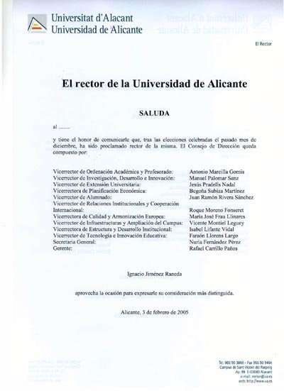 Ejemplo: Saluda del Rector de la Universidad de Alicante.