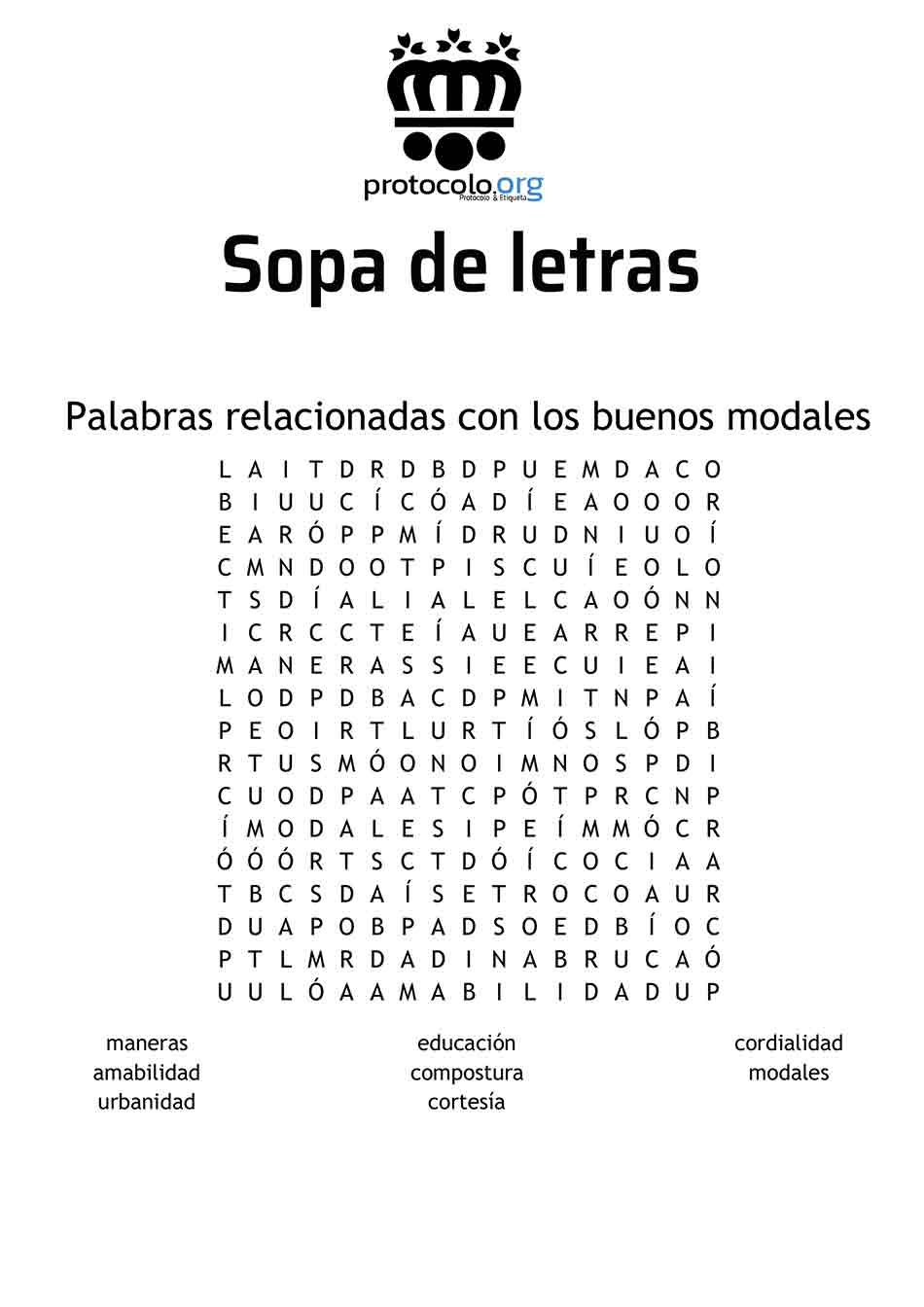 Sopa de letras con palabras relativas a los buenos modales