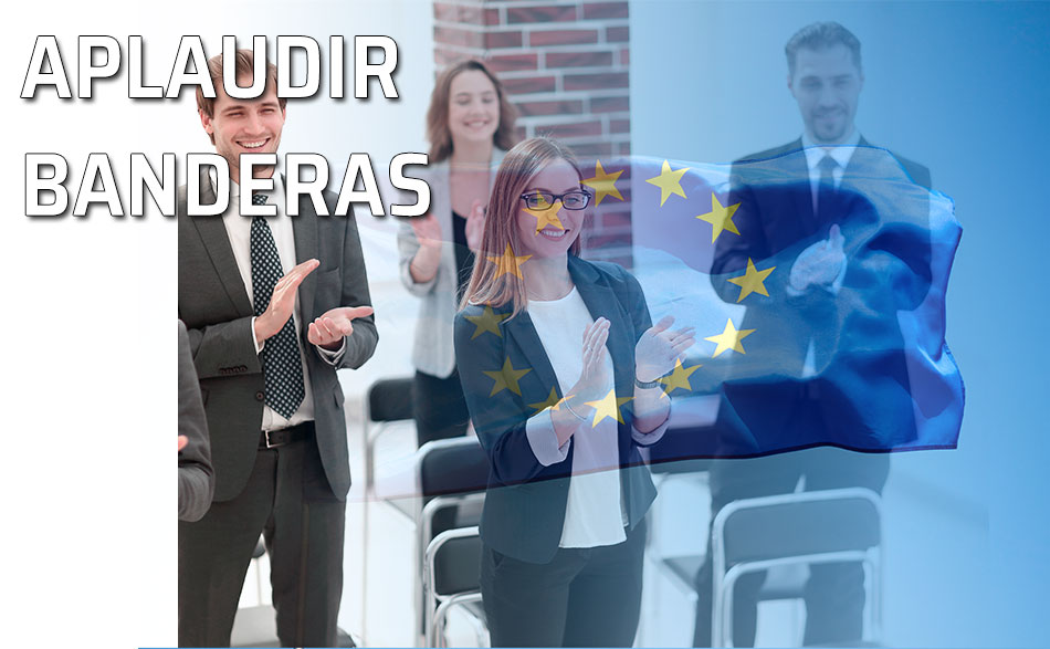 Grupo de personas aplaude a la bandera de la Unión Europea