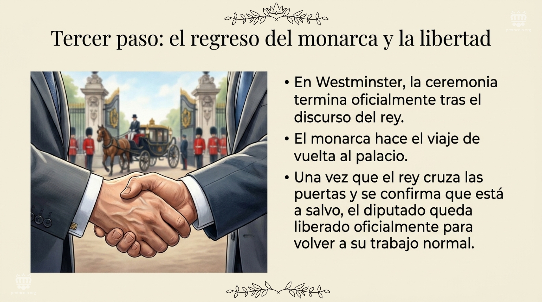 Cuando se confirma que el rey está a salvo, el diputado puede salir del palacio