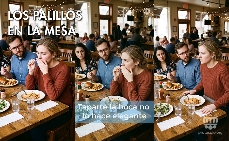 Usa un palillo en la mesa para escarbarse en los dientes es de muy mala educación y pésimo gusto. Los palillos en la mesa, para empezar, no se deben colocar salvo que lo requiera algún plato
