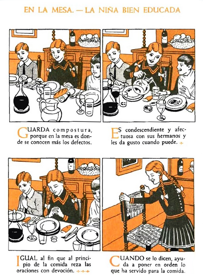 En la mesa. Niña bien educada.