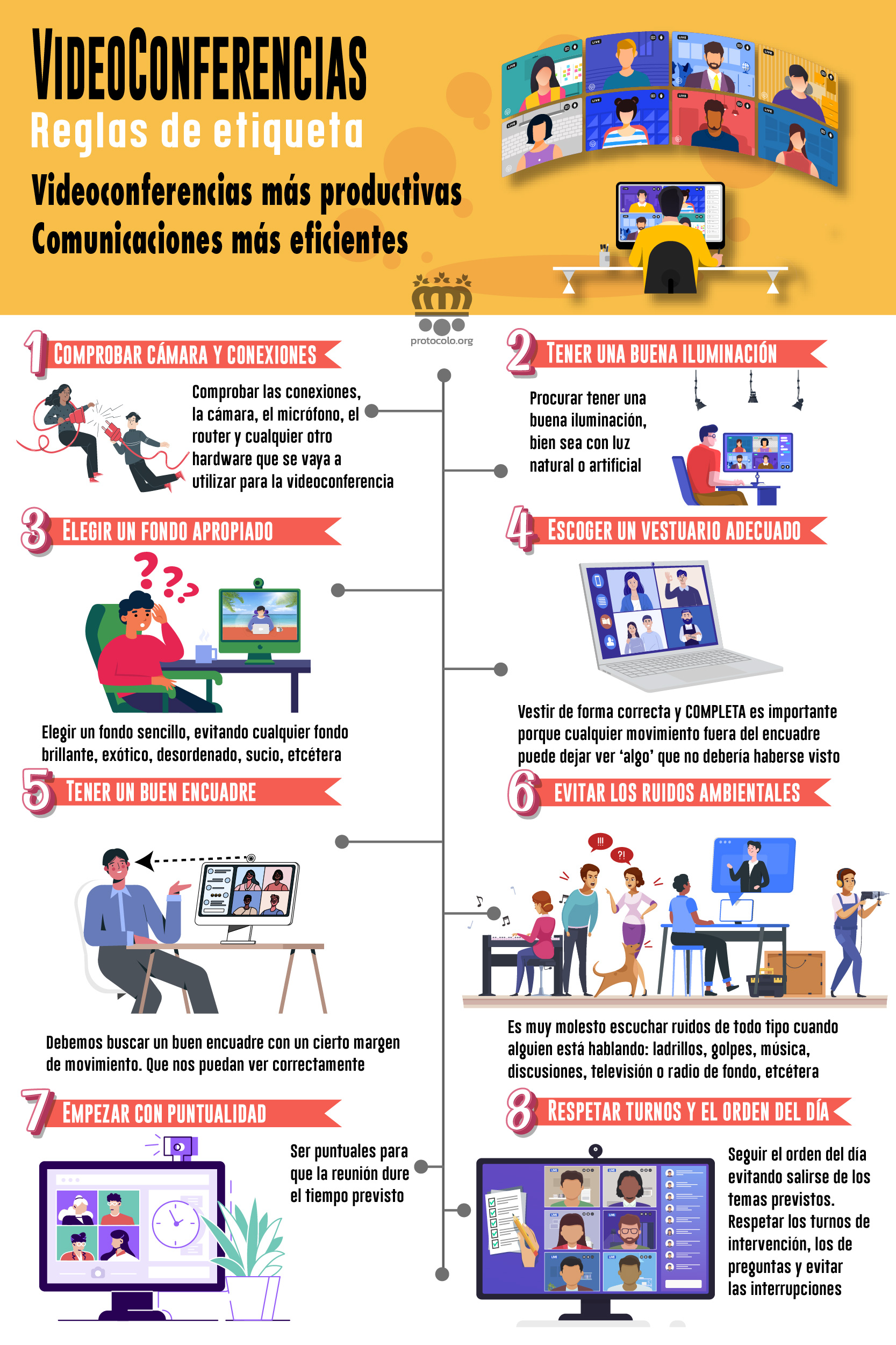 8 reglas de etiqueta para tener una videoconferencia con éxito. Infografía