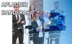 Grupo de personas aplaude a la bandera de la Unión Europea